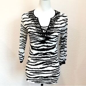 Black White Zebra Stripe Top Beaded Split Neck Lace Up Sweater Sheer Sleeves S